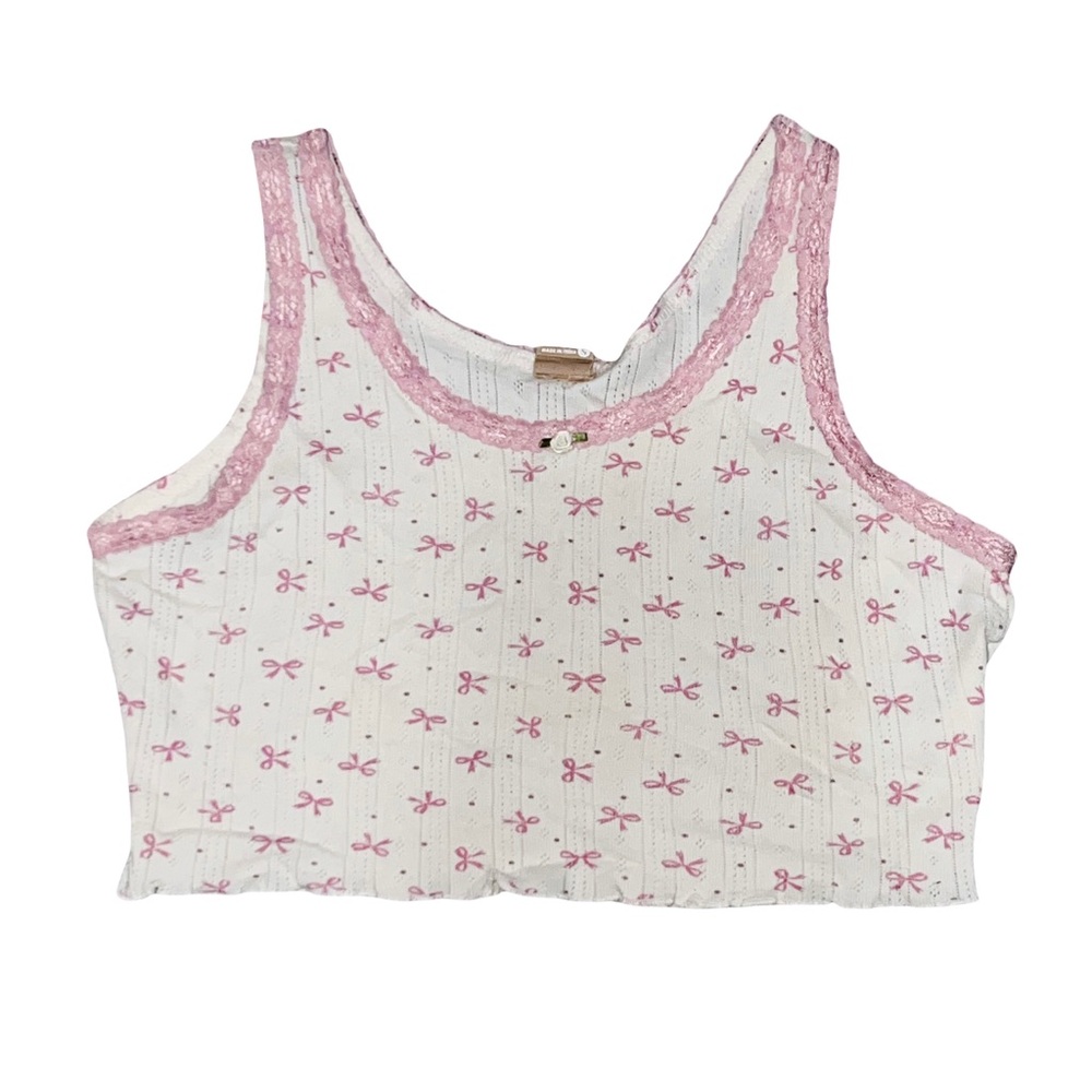 Pink Bow Print Lace-Trim Crop Tank Top
